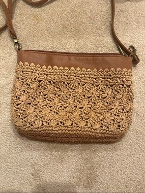 The Sak Woven Straw Crossbody in Brown and Tan
